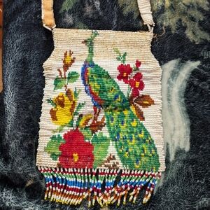 Antique Vintage Art Deco Beaded Peacock Handbag White Cream Colored As Is